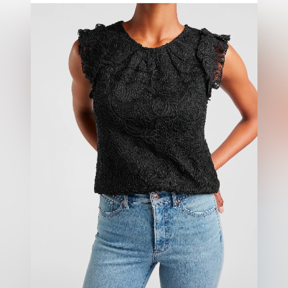 NWT Express Crochet Lace Ruffle Sleeve Black Blouse Small